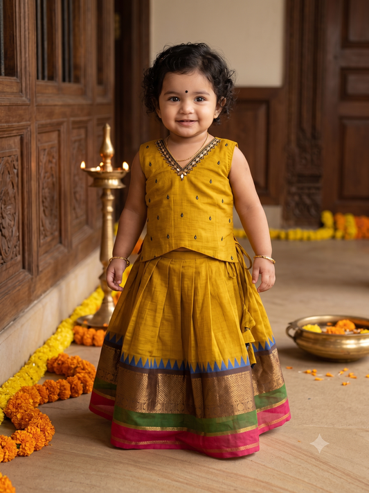 ಹಳದಿ (haladi) kanchi silk cotton sleeveless heritage langa blouse for baby girl