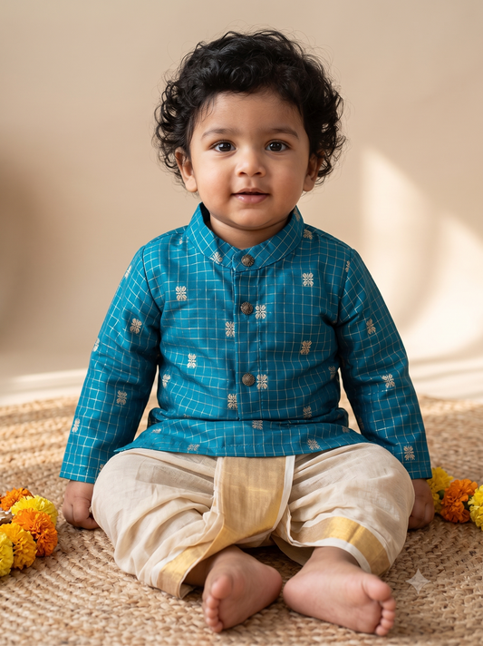 Peacock blue with gold reshme chowka Kurta Dhoti for baby boy - Festive Collection