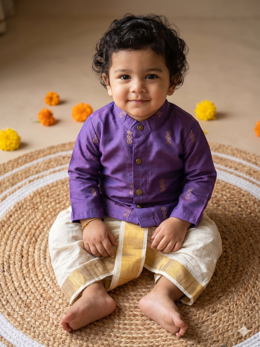 Lavendar weave kurta and white checks Dhoti for Boys – Traditional Ethnic Wear for Baby Boy