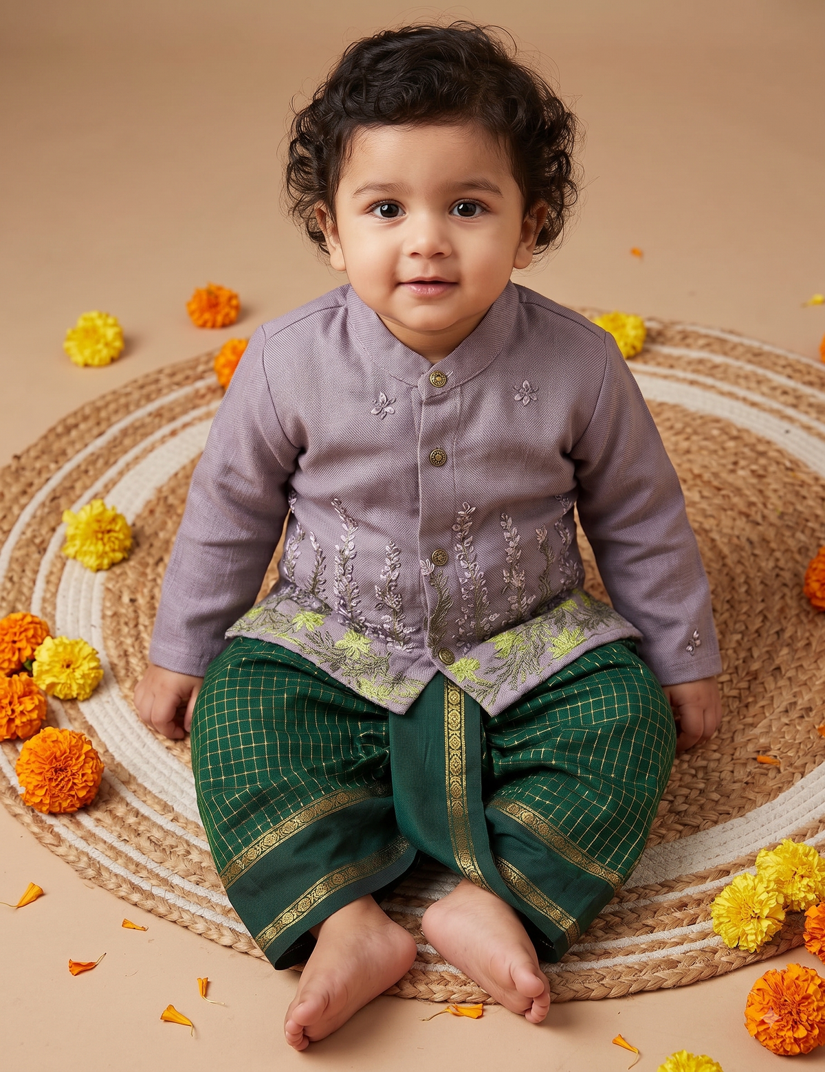 Pure Linen purple Kurta with green Dhoti for baby boy