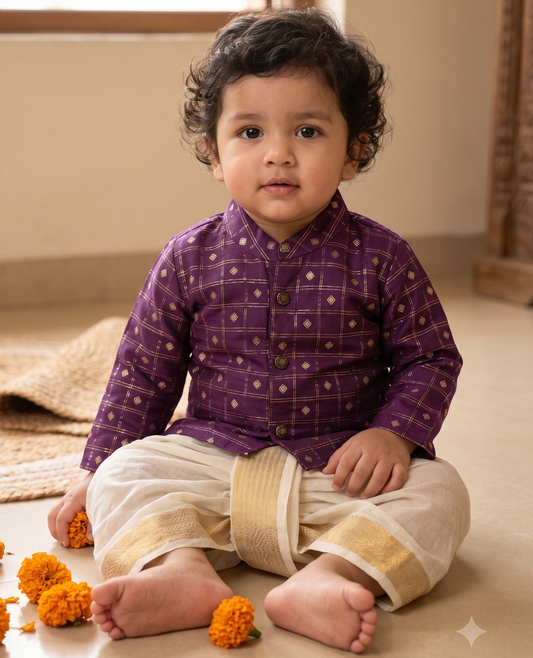 Reshme chowka purple with handloom cotton white with zari dhoti ethnic wear for baby boy