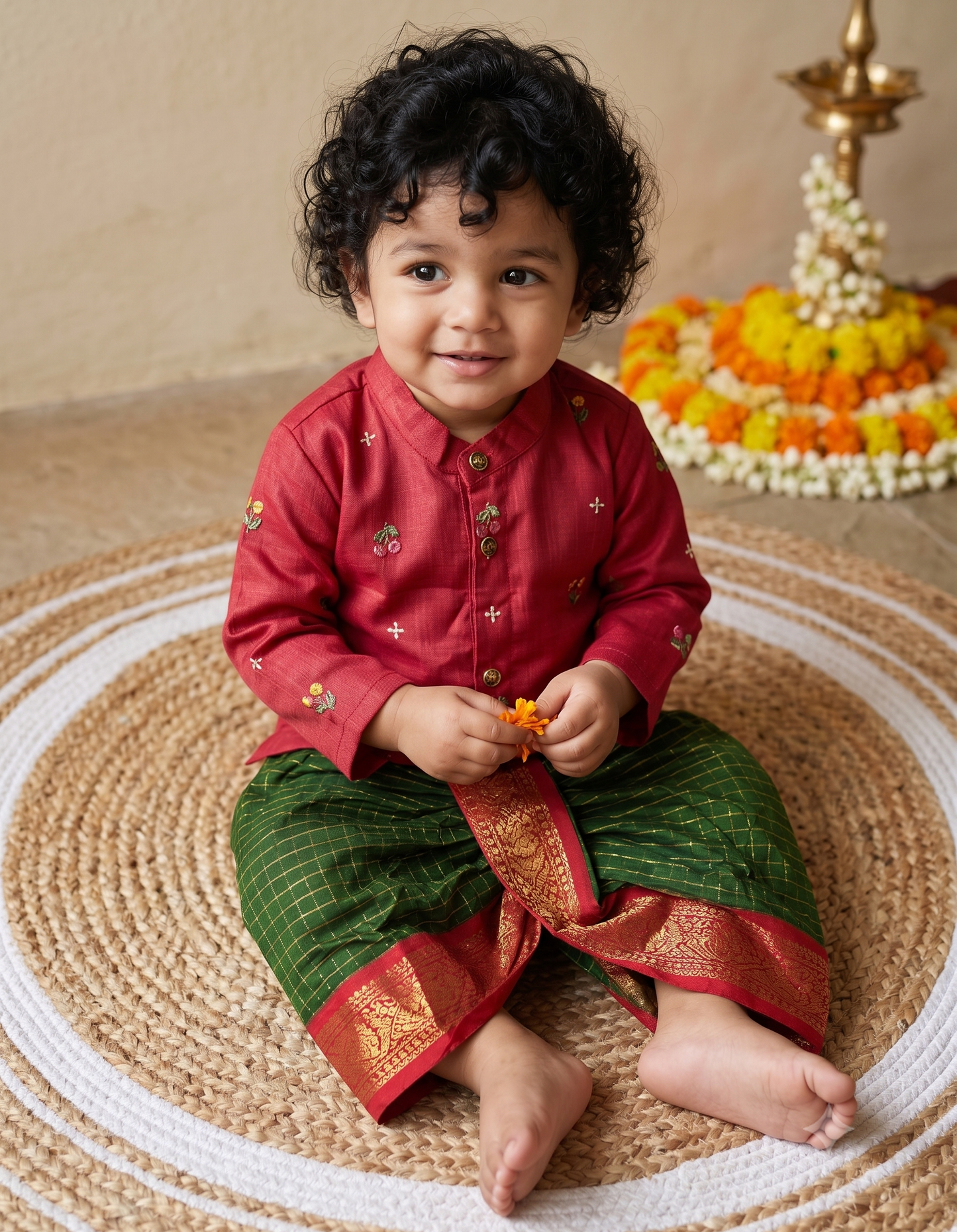 Pure Linen Red Kurta with Bottle green with red border Dhoti for baby boy
