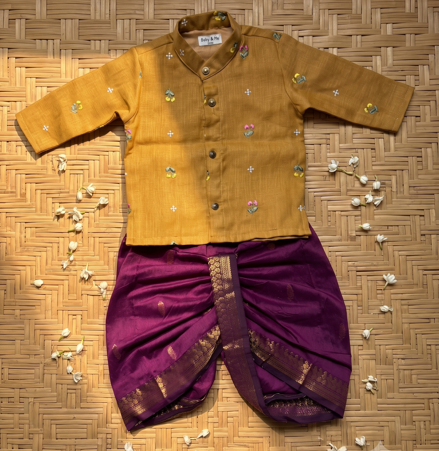 Pure Linen Mustard yellow with Wine Kurta Dhoti Ethnic Wear for baby boy