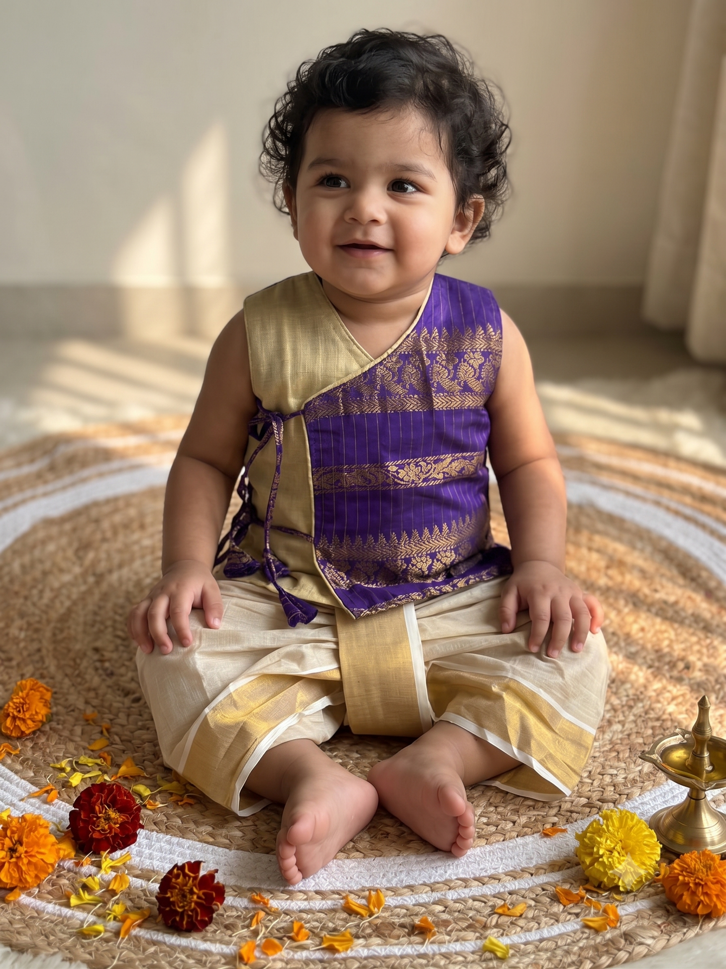 Purple Angrakha Kurta and Gold Dhoti for Baby Boy – Sleeveless Ethnic Wear