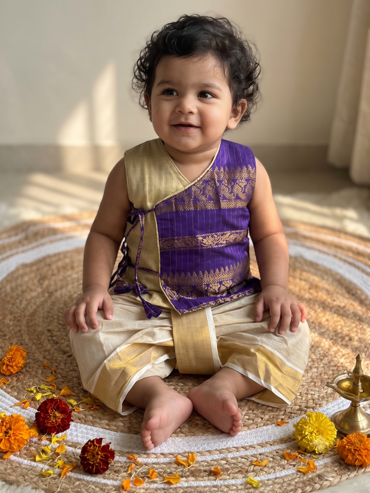 Purple Angrakha Kurta and Gold Dhoti for Baby Boy – Sleeveless Ethnic Wear