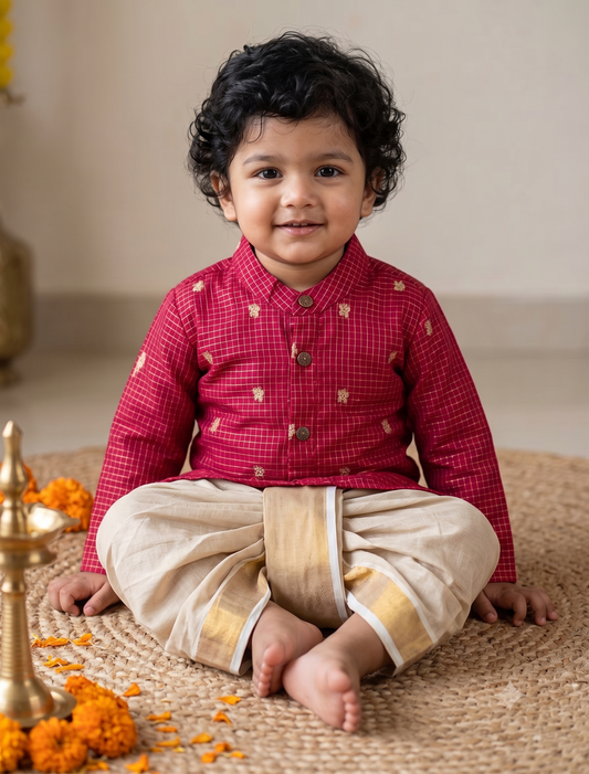 Red with gold reshme chowka Kurta Dhoti for baby boy - Festive Collection