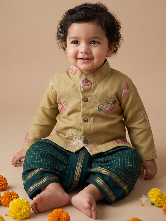 Yellow pure linen with green checks Kurta Dhoti for baby boy - Festive Collection