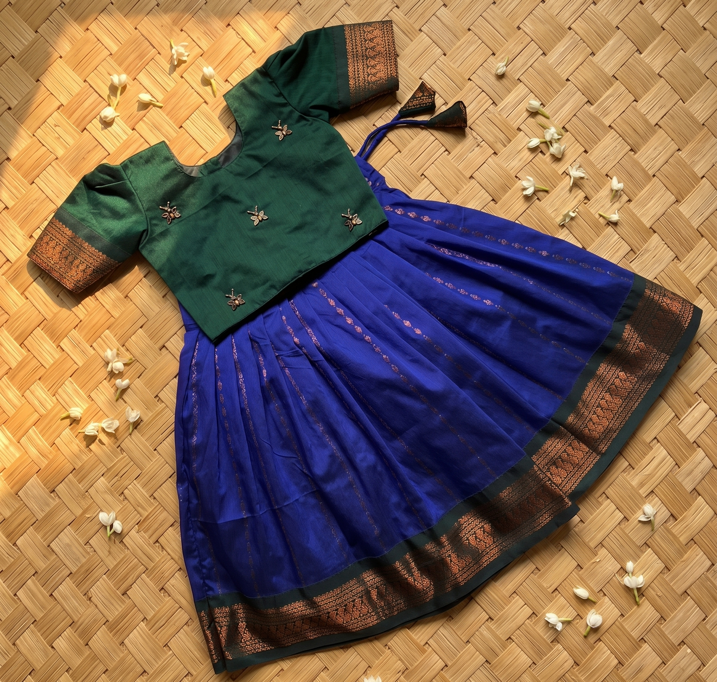 Royal blue and bottle green traditional pavadai set for Baby Girl