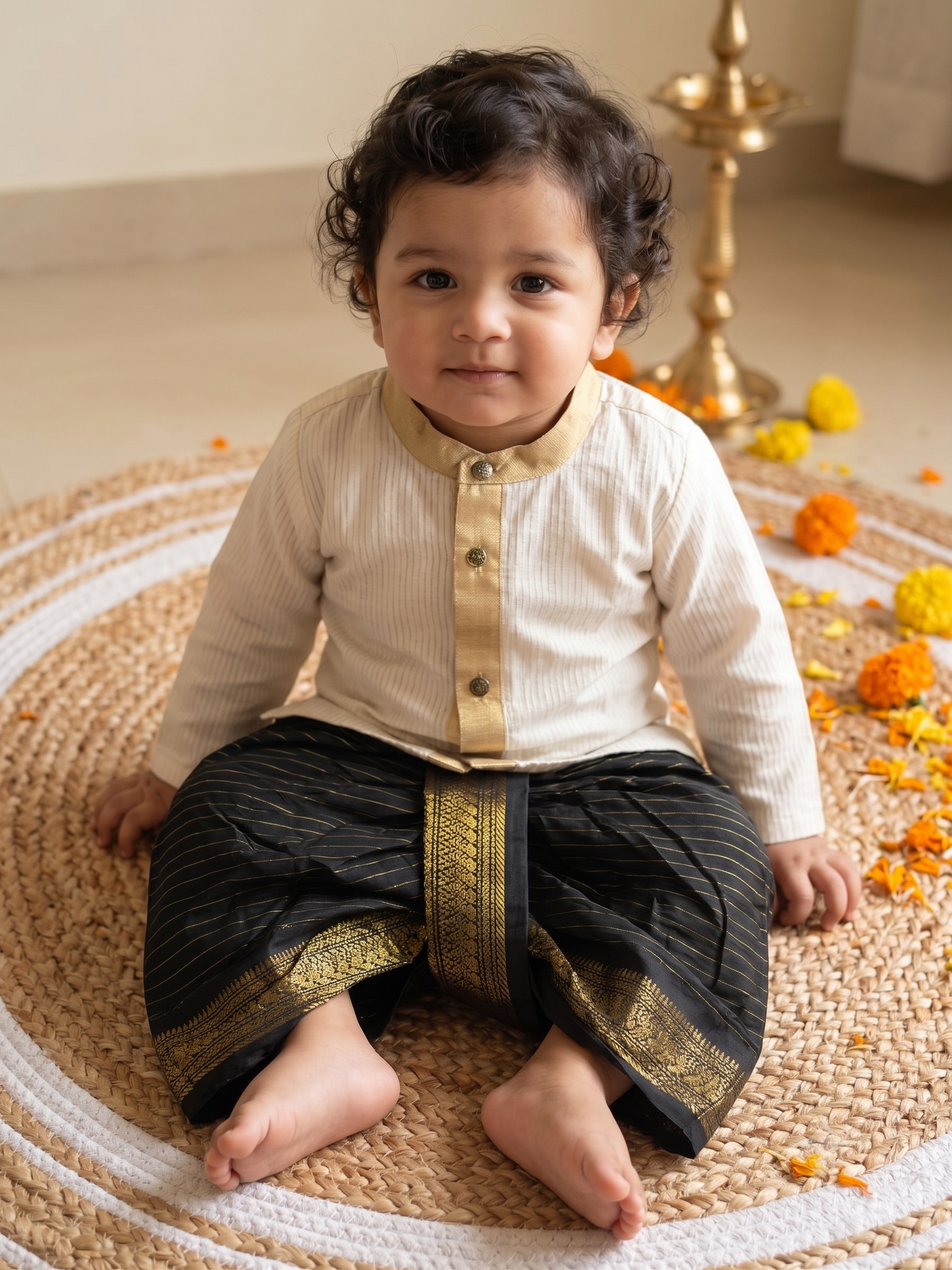 White with gold Kurta and black stripe Dhoti for baby boy