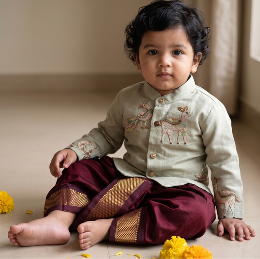 Pure Linen Pista green Kurta with Maroon Dhoti for baby boy