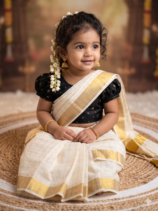 White checked with Gold border and Black  - Ready to wear saree for kids Ethnic wear for baby girl