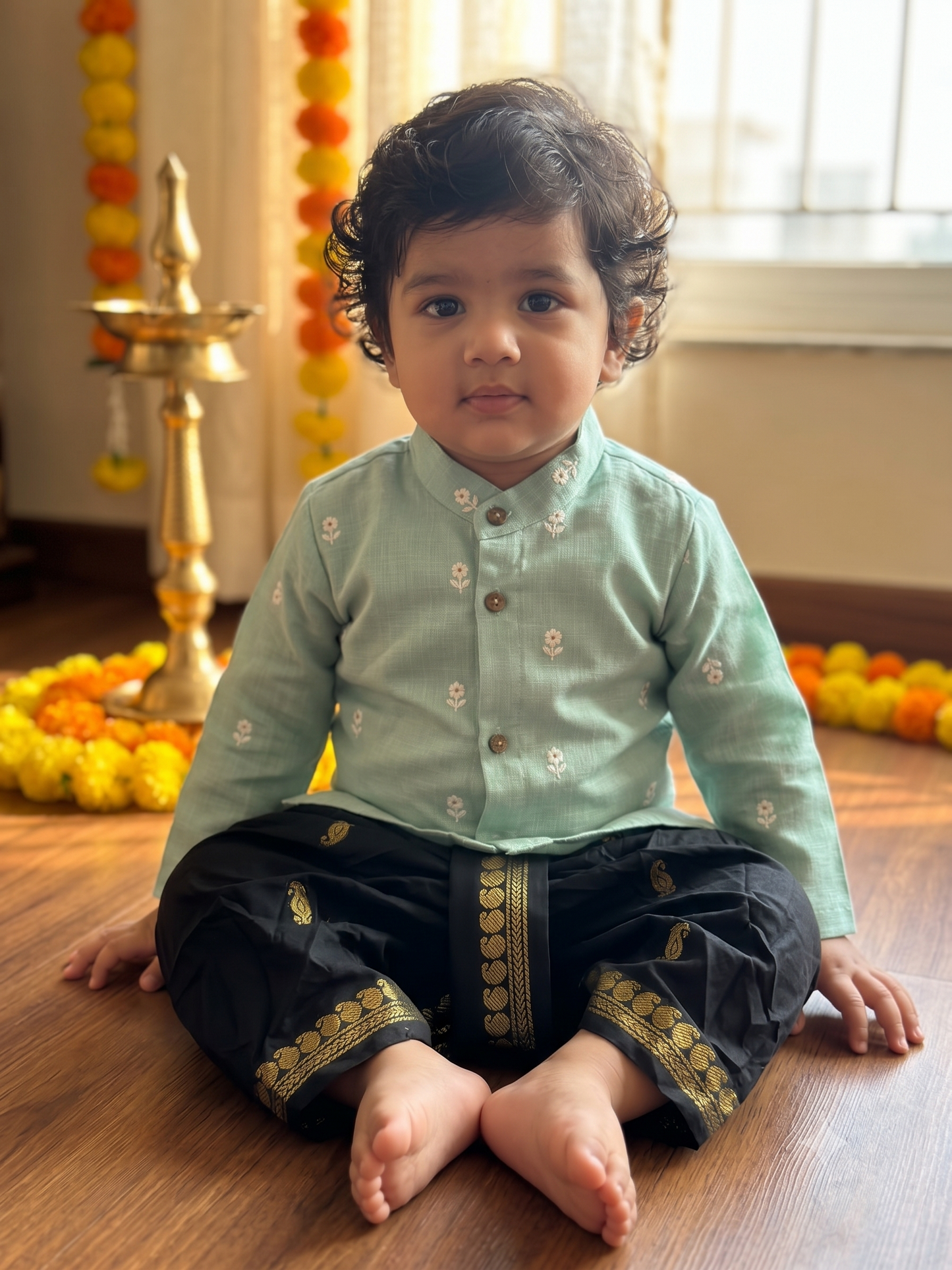 Pure Linen Sky blue and Black Kurta Dhoti for baby boy