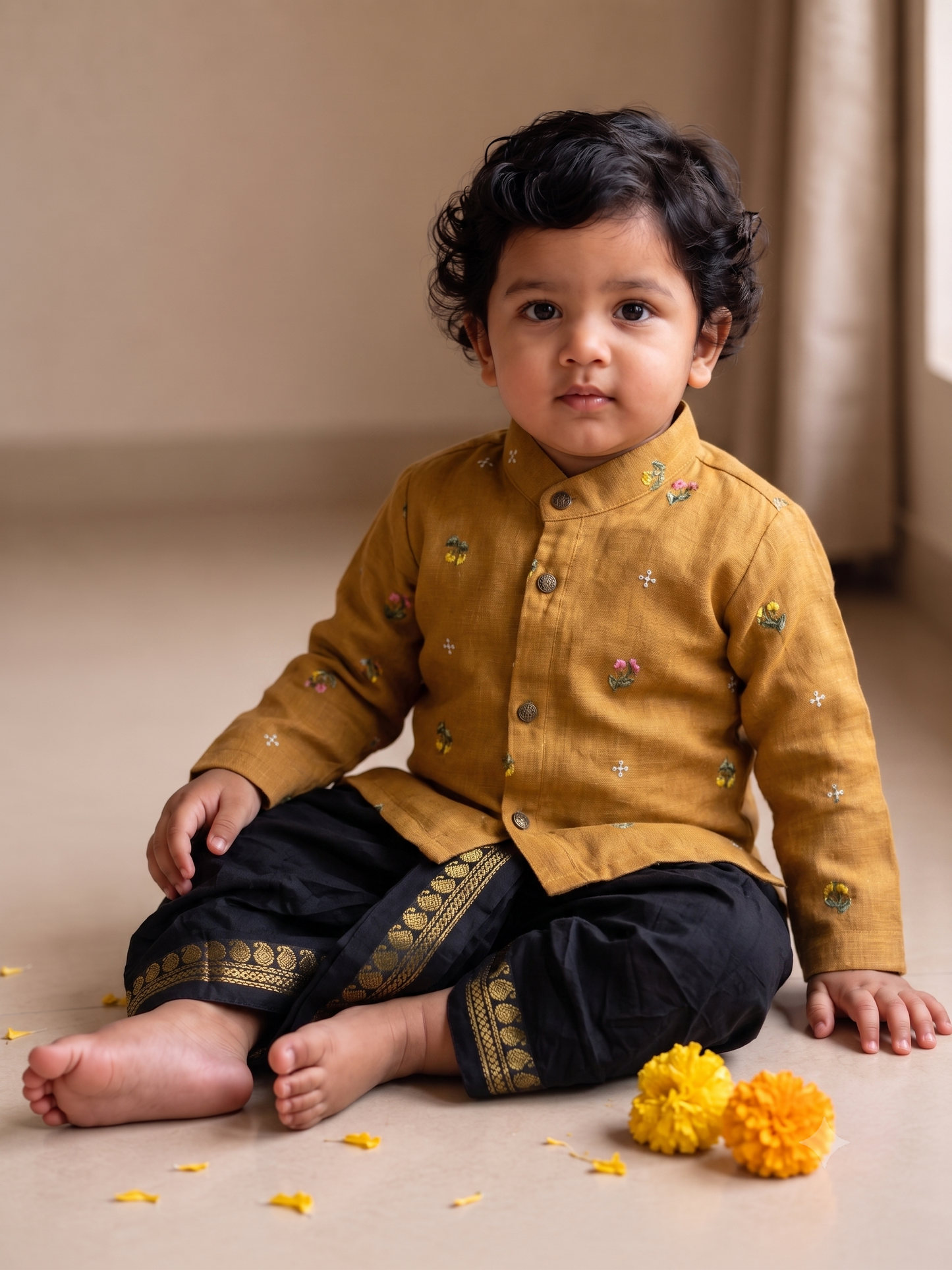 Pure Linen Mustard yellow with Black Kurta Dhoti Ethnic Wear for baby boy