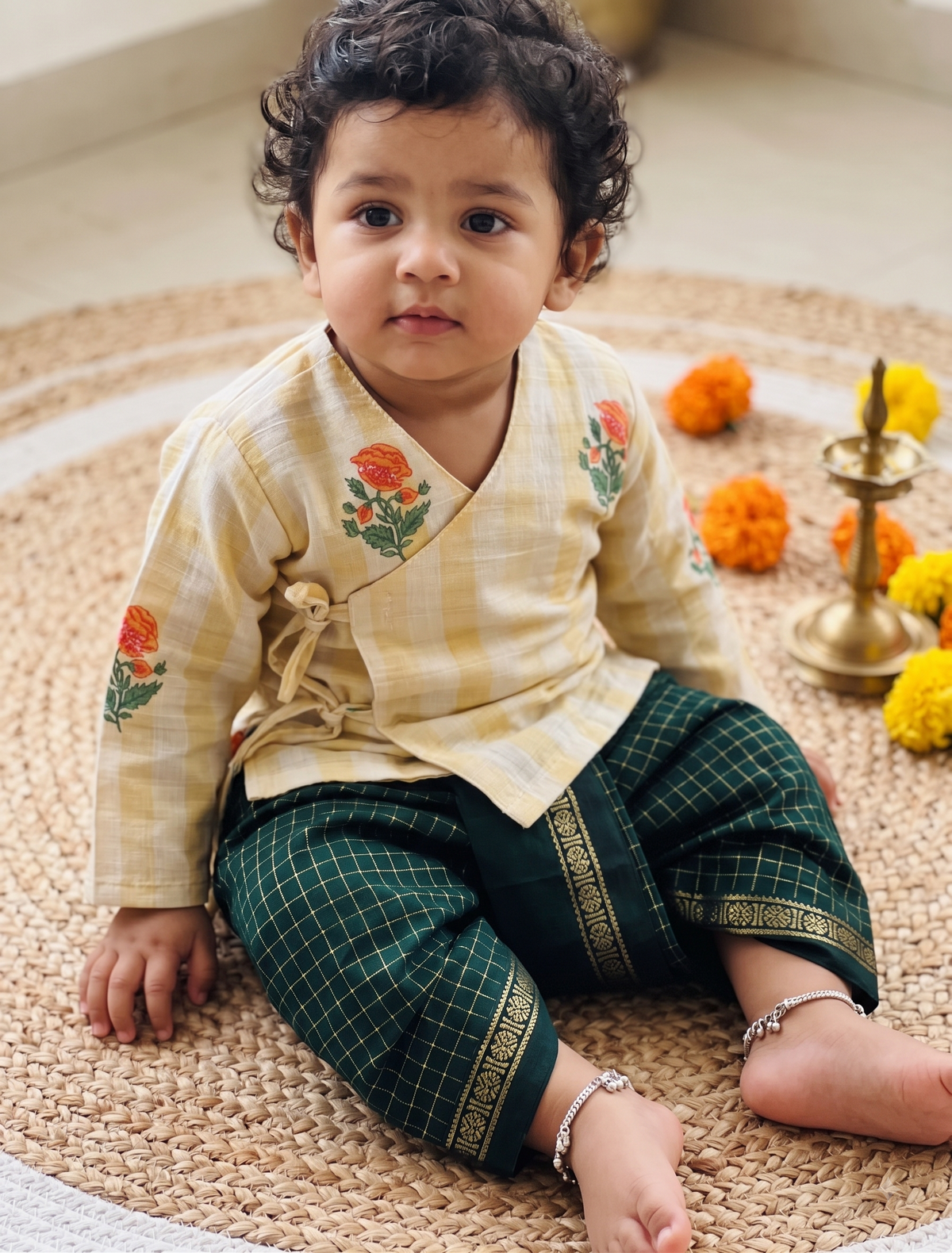 Summer yellow Angrakha with green dhoti comfortable ethnic wear for baby boy