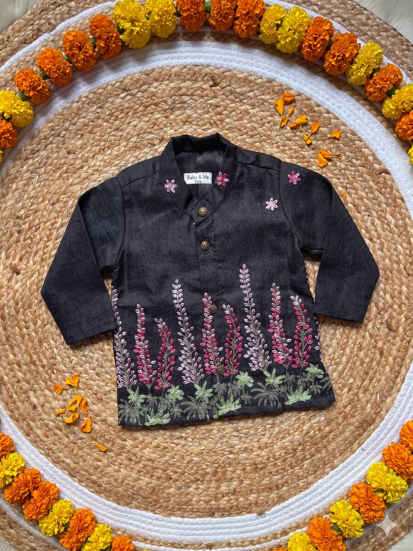 Black and flower design linen Kurta for baby boy ethnic top wear
