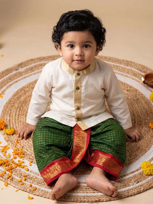 White with gold Kurta and bottle green with red checks  Dhoti for baby boy