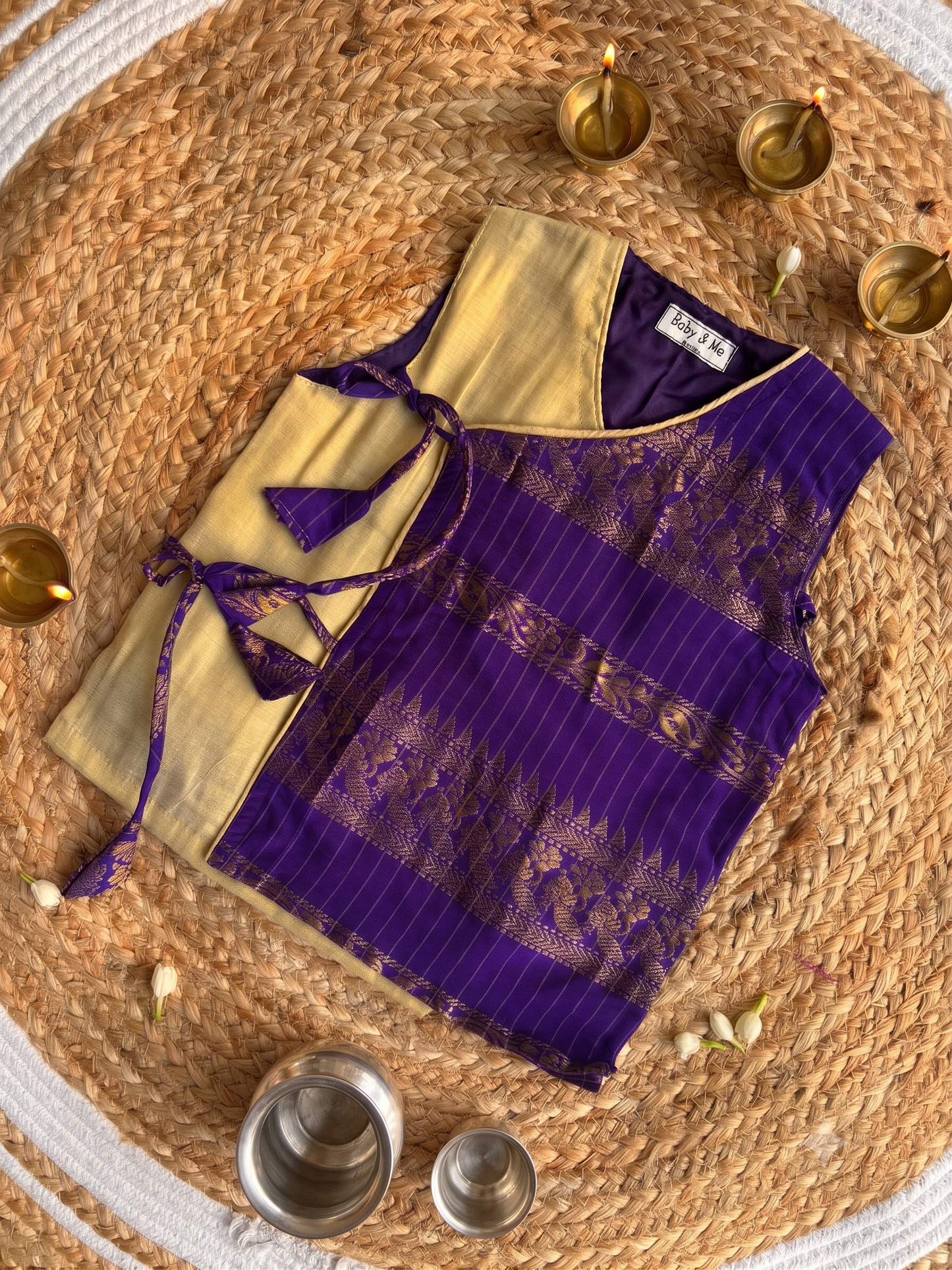 Purple checks with gold angrakha cotton silk kurta top baby boy ethnic wear