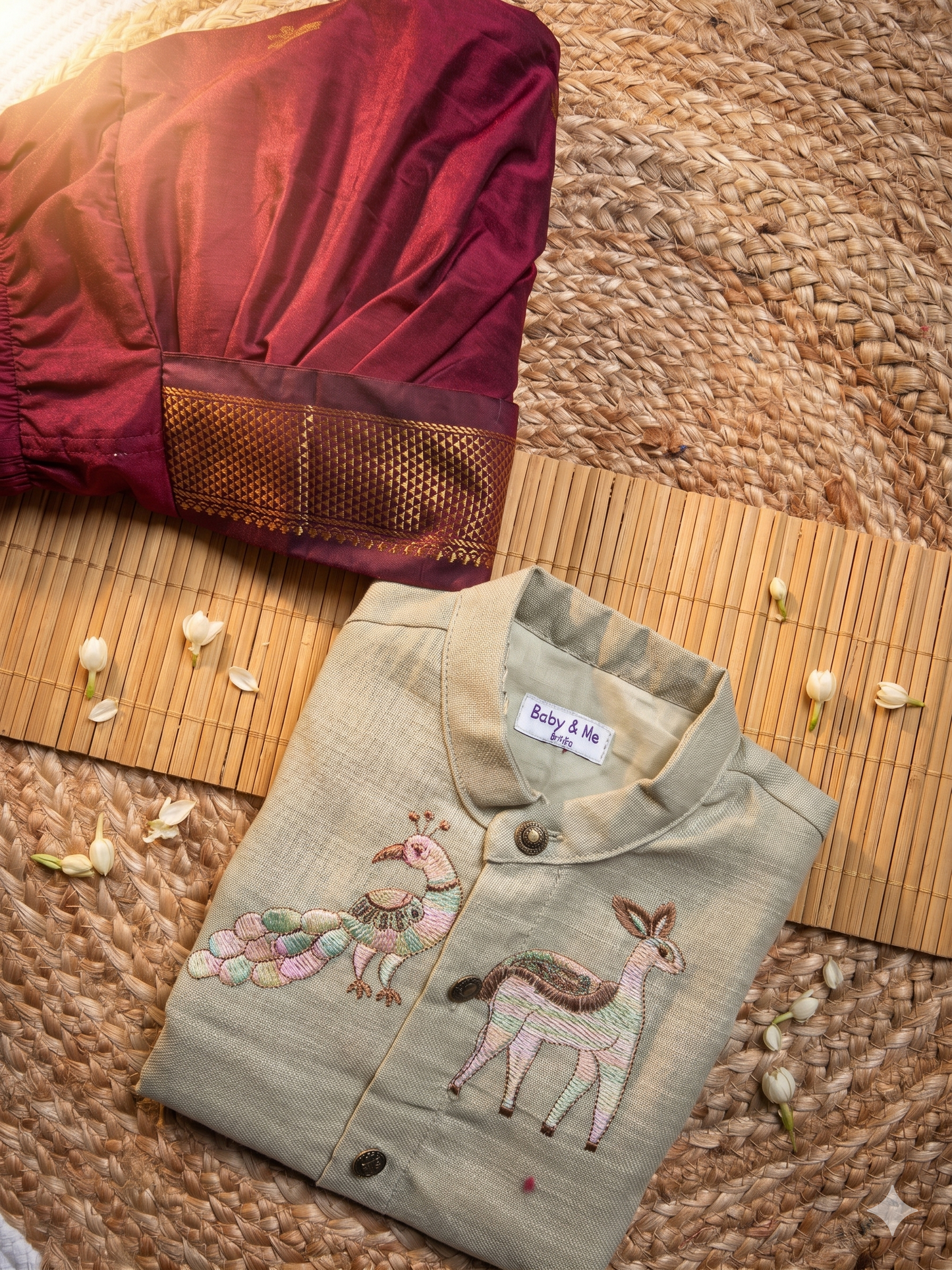 Pure Linen Pista green Kurta with Maroon Dhoti for baby boy