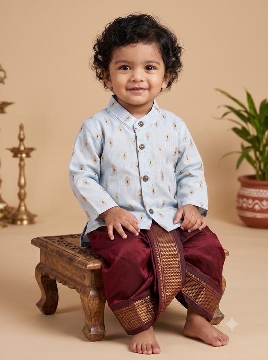 Blue banarasi cotton kurta with zari weave and maroon  Dhoti for Boys – Traditional Ethnic Wear for Baby Boy