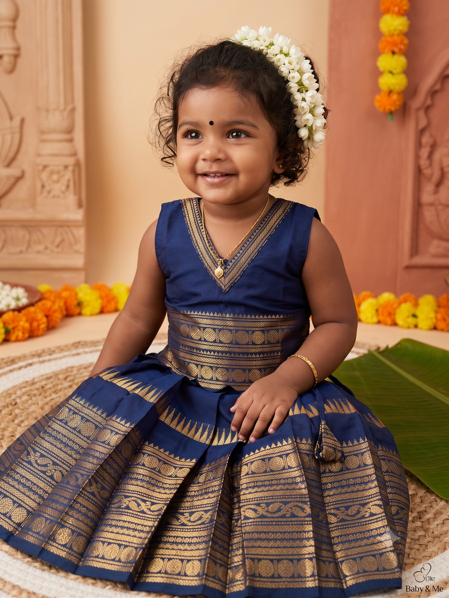Traditional langa blouse Navy blue pure kanchi cotton weave sleeveless for baby girl