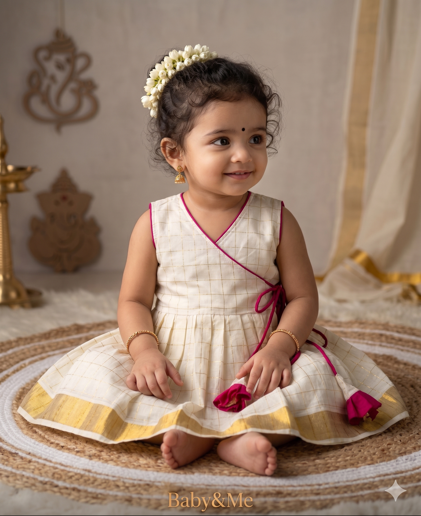 White Checked frock South Indian ethnic wear for baby girl