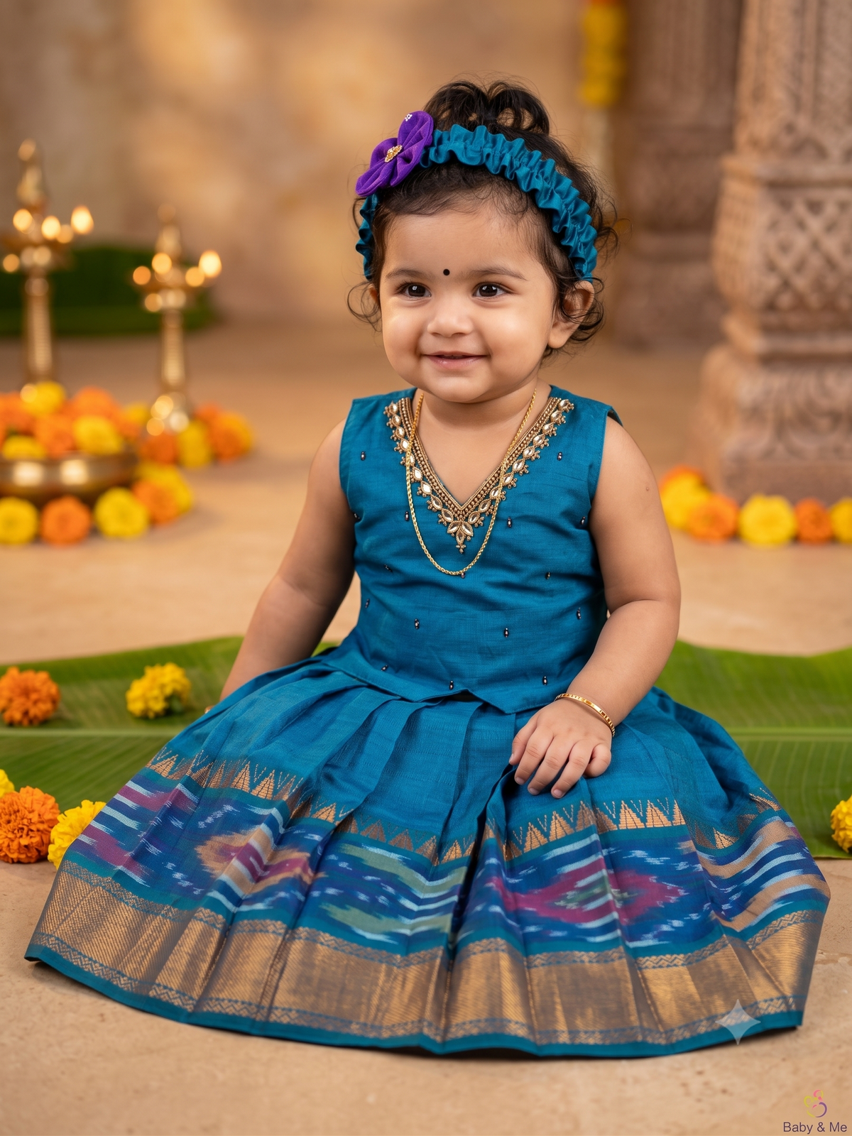 Traditional langa blouse peacock blue pure kanchi cotton weave sleeveless for baby girl