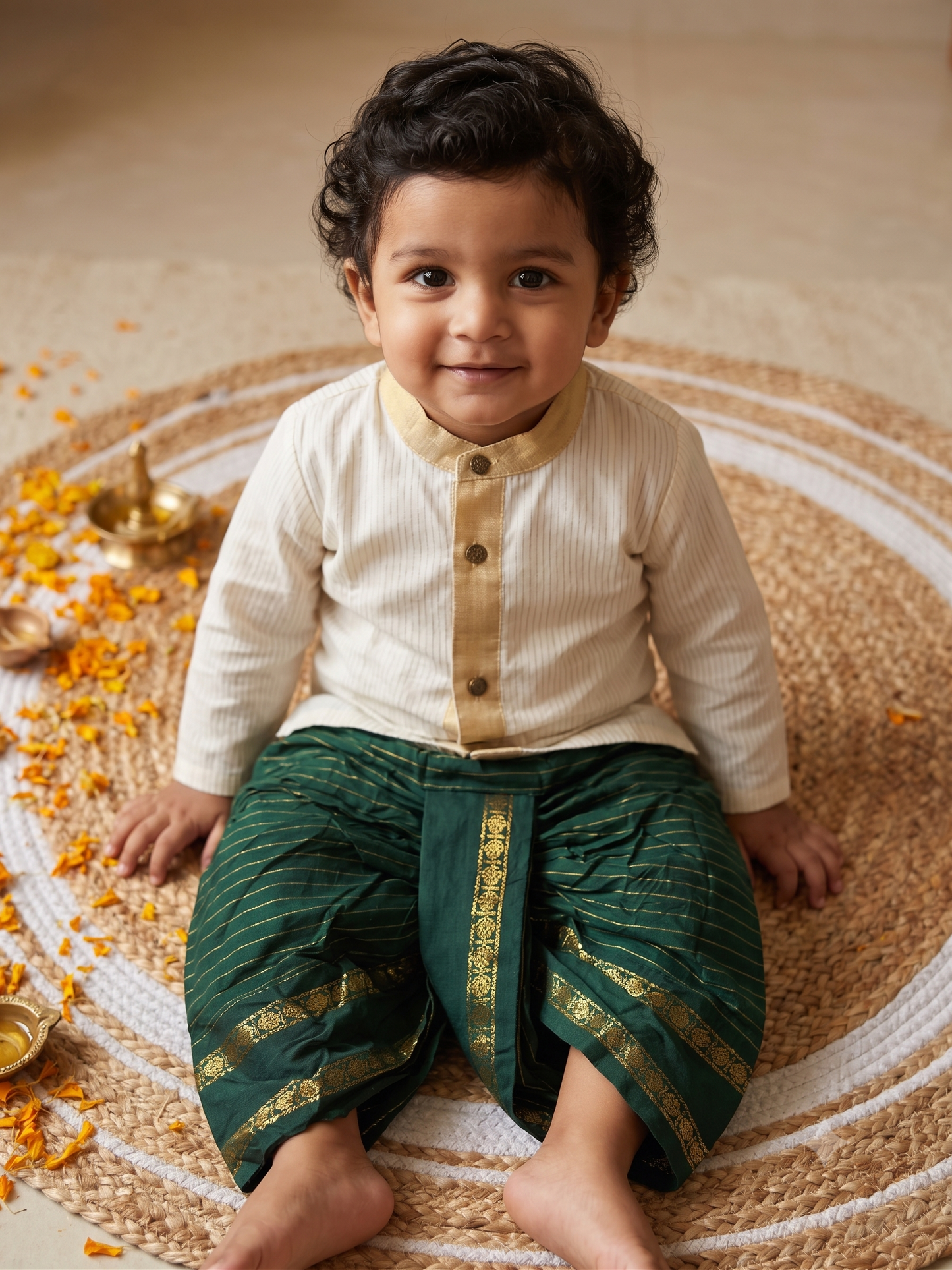 White with gold Kurta and bottle green  stripe Dhoti for baby boy