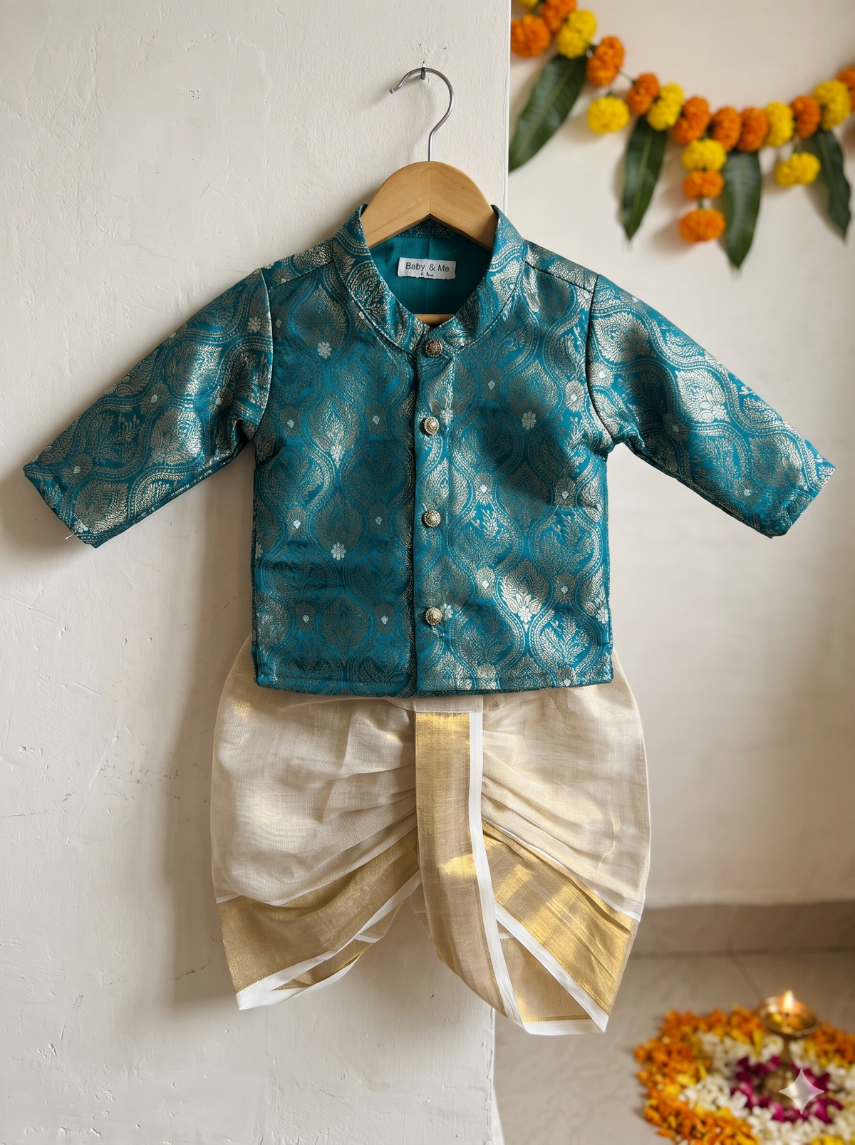 Peacock green banarasi royal kurta with traditional gold dhoti ethnic wear for baby boy