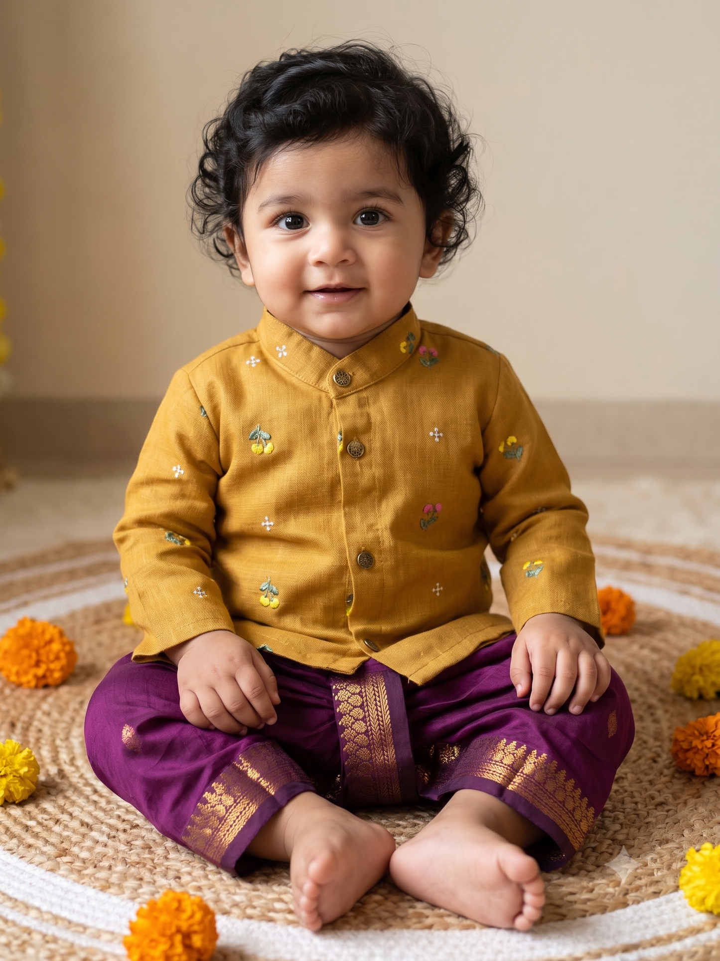 Pure Linen Mustard yellow with Wine Kurta Dhoti Ethnic Wear for baby boy