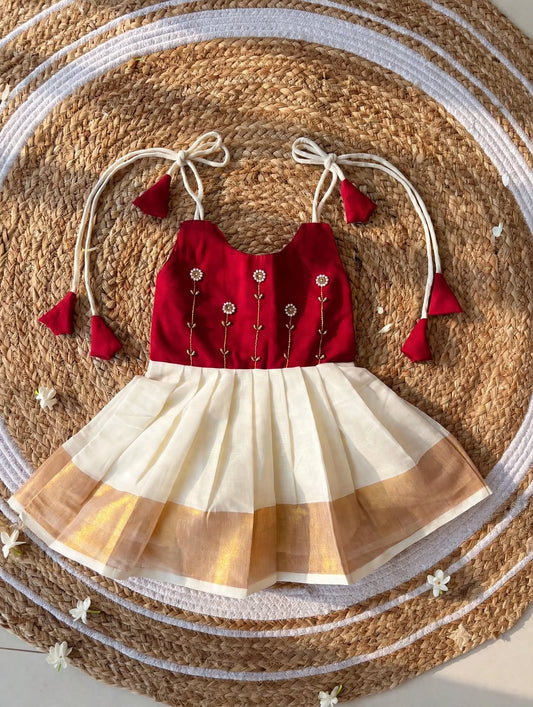 Red sunflower embroidery with white tie up frock for baby girl