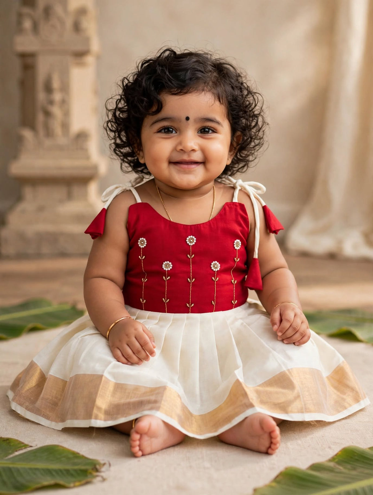 Red sunflower embroidery with white tie up frock for baby girl