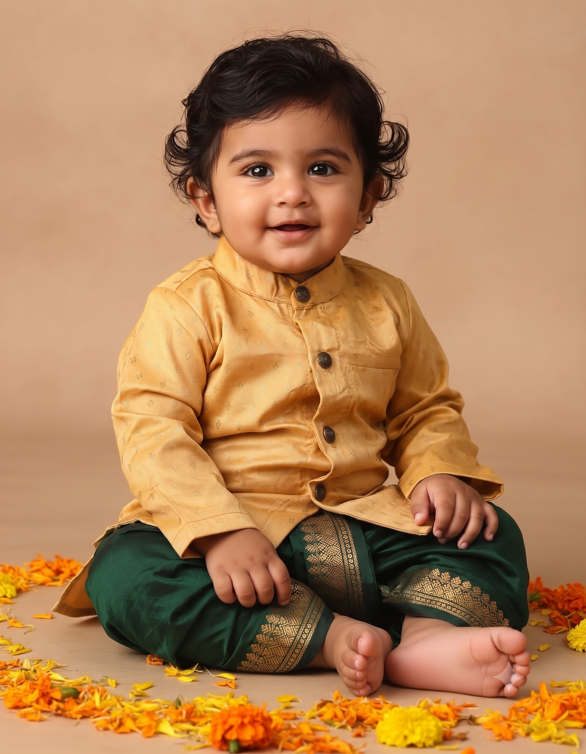 Golden hue semi silk kurta baby boy ethnic Kurta with green dhoti set
