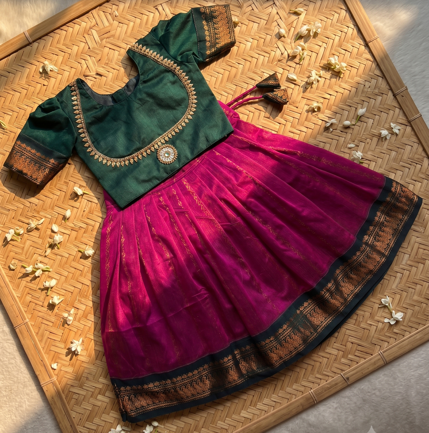 Magenta pink and bottle green traditional pavadai set for Baby Girl