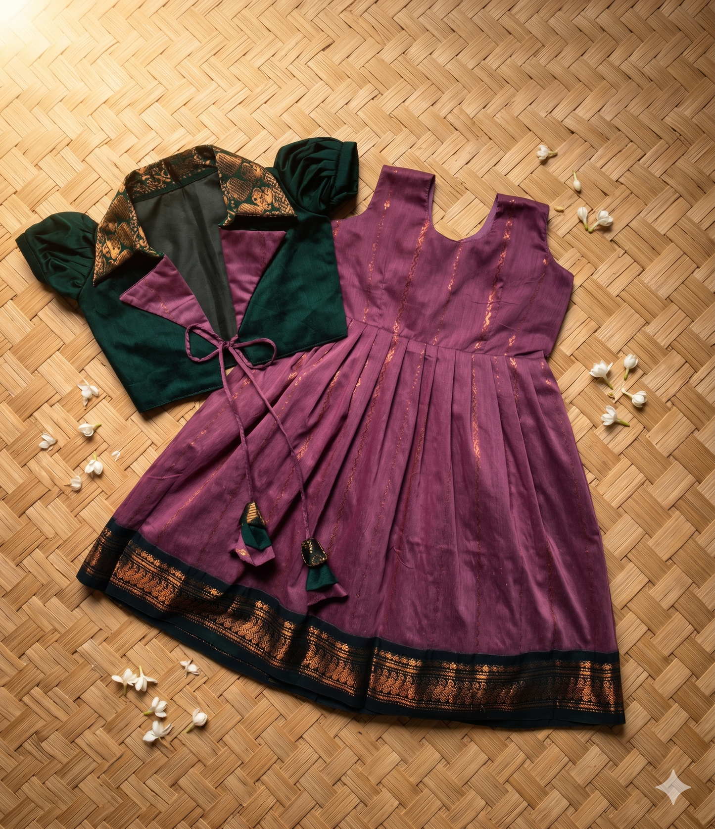 Lavender with bottle green jacket frock South Indian ethnic wear for baby girl