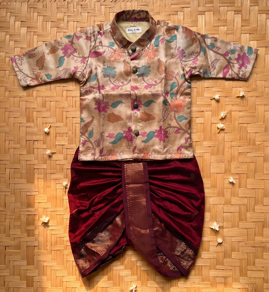 Traditional Indian Kalamkari Soft Beige Baby Boy Silk Kurta Maroon Dhoti Set