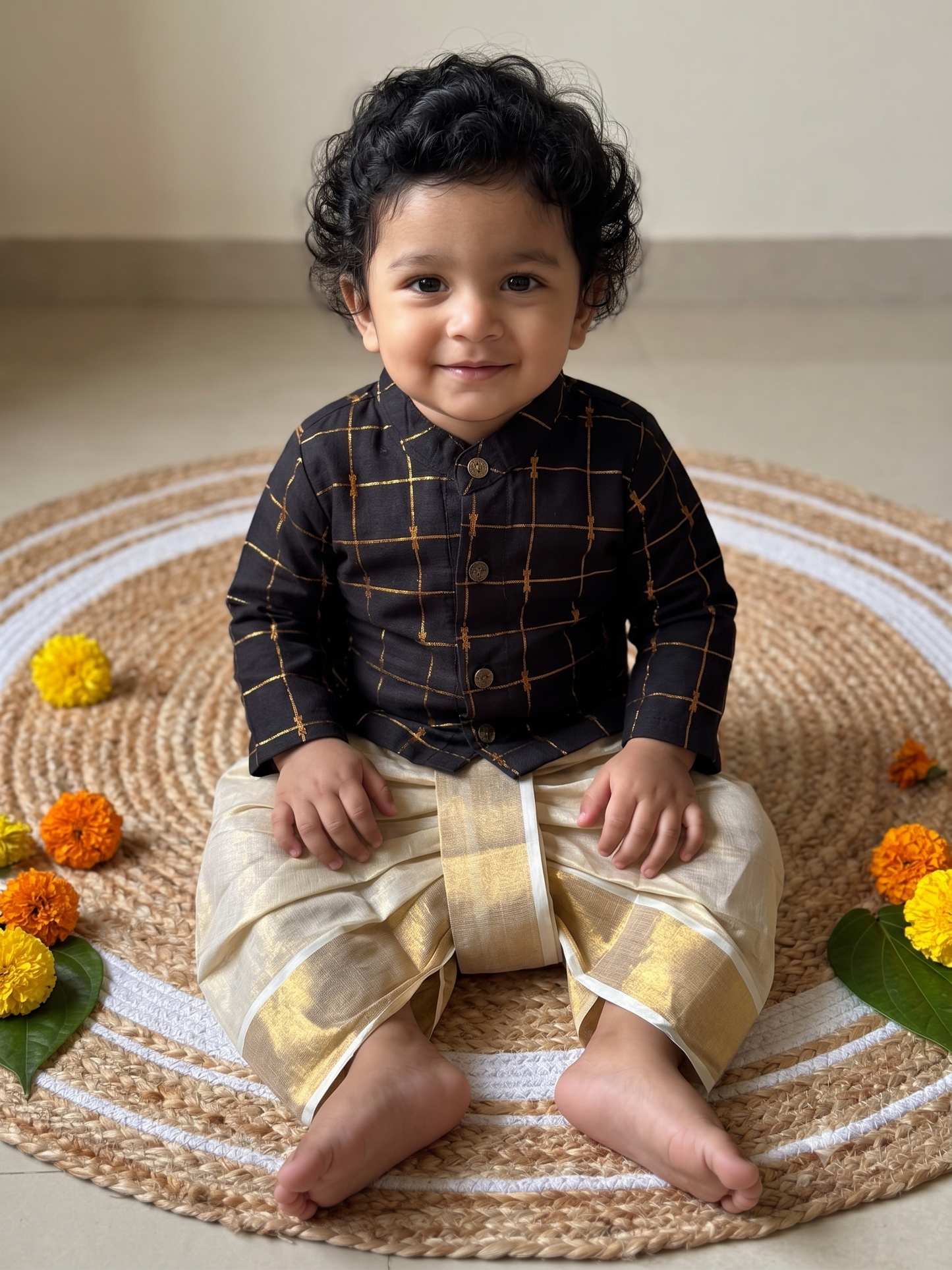 Black checks kurta and Gold Dhoti for Boys – Traditional Ethnic Wear for Baby Boy