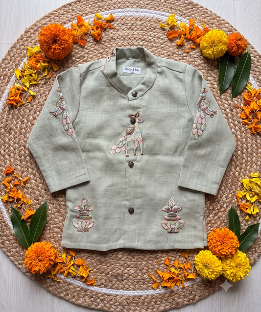 Pista green and multi design linen Kurta for baby boy ethnic top wear