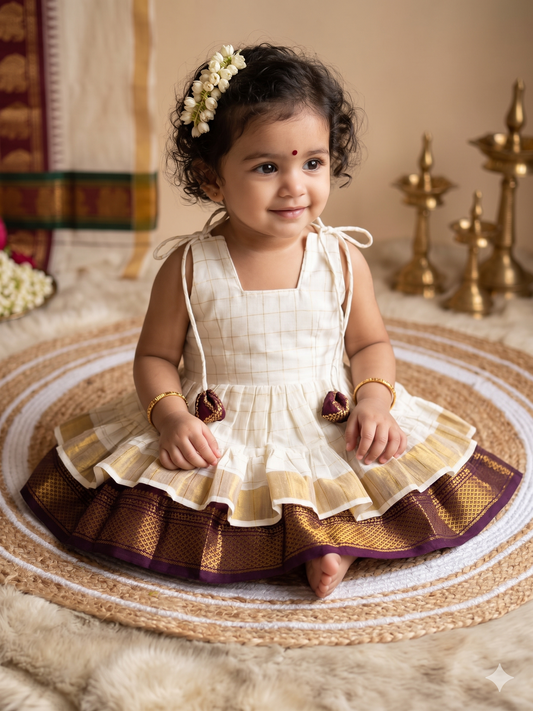 White Checked tie up frock South Indian ethnic wear for baby girl