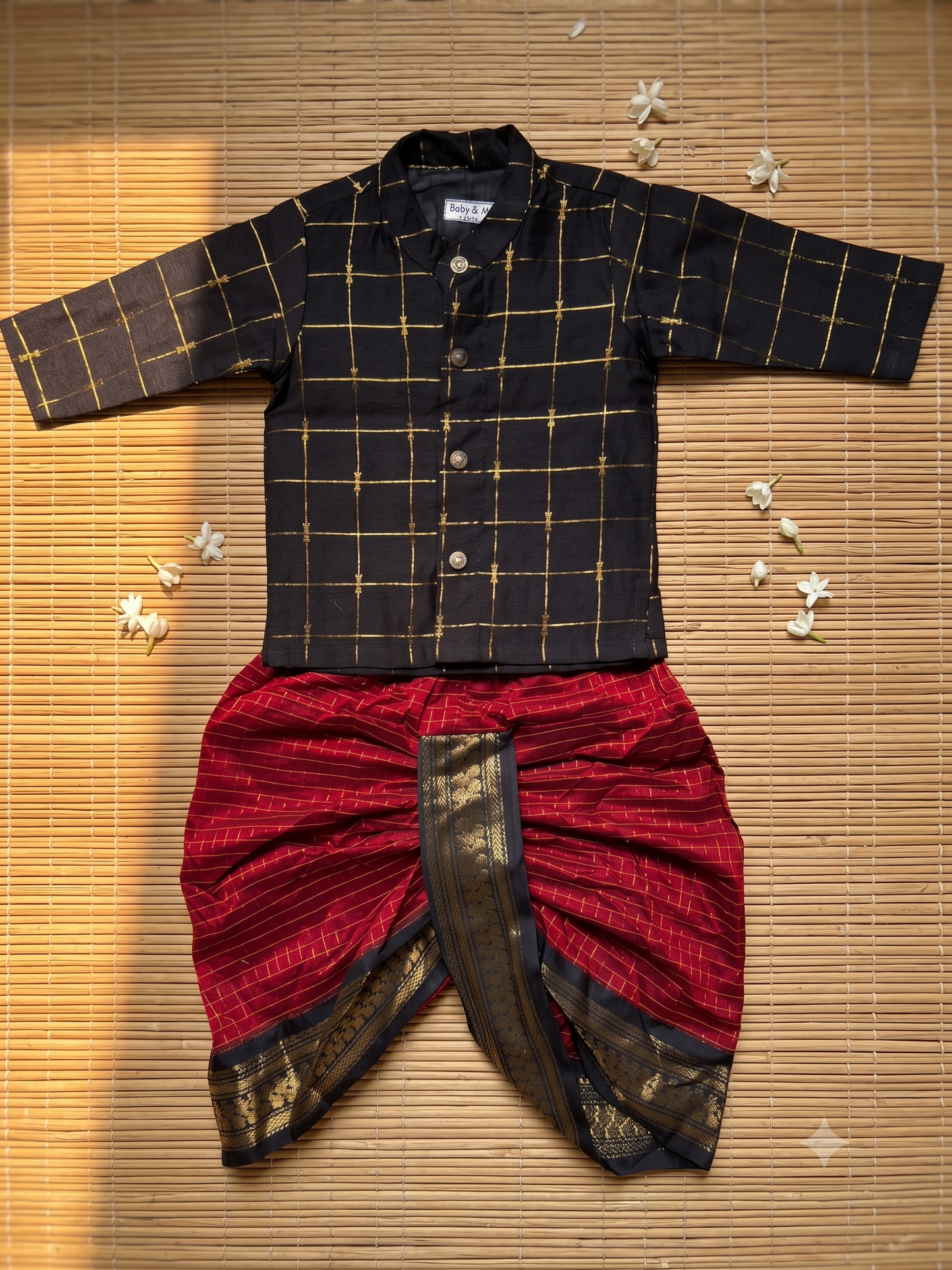 Black checks Kurta & Maroon With black border Dhoti with Zari Border kurta dhoti for baby boy