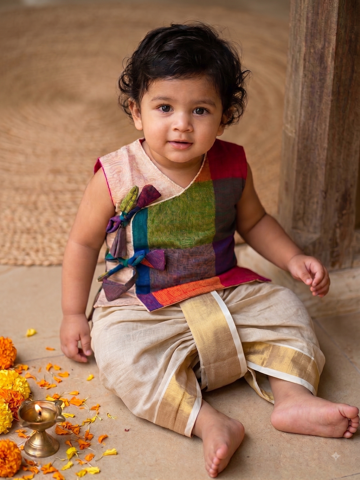Madras checks angrakha with gold tissue dhoti comfortable ethnic wear for baby boy
