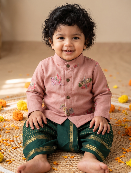 Pure Linen Pink and multi design Kurta and green checks Dhoti for baby boy