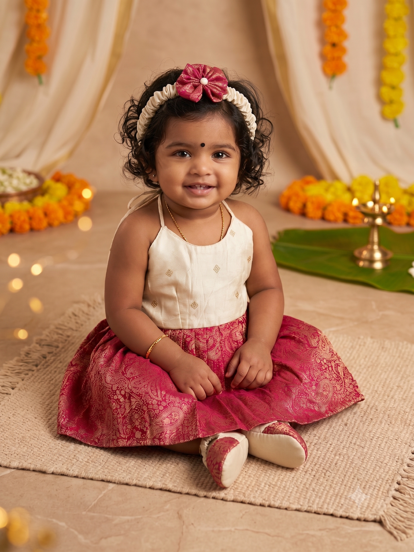 Pink with cream  Tie-Up Ethnic Wear for Girls - Traditional Dress for Baby Girl