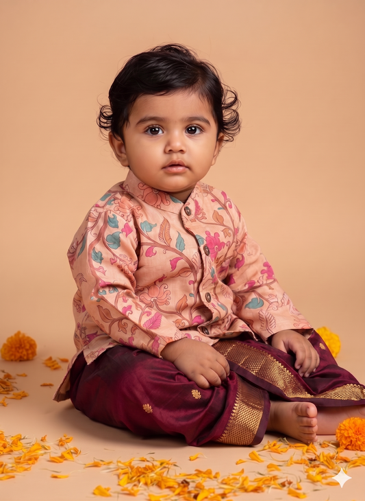 Traditional Indian Kalamkari Soft Beige Baby Boy Silk Kurta Maroon Dhoti Set