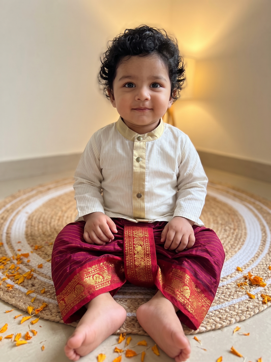 White with gold Kurta and red stripe Dhoti for baby boy