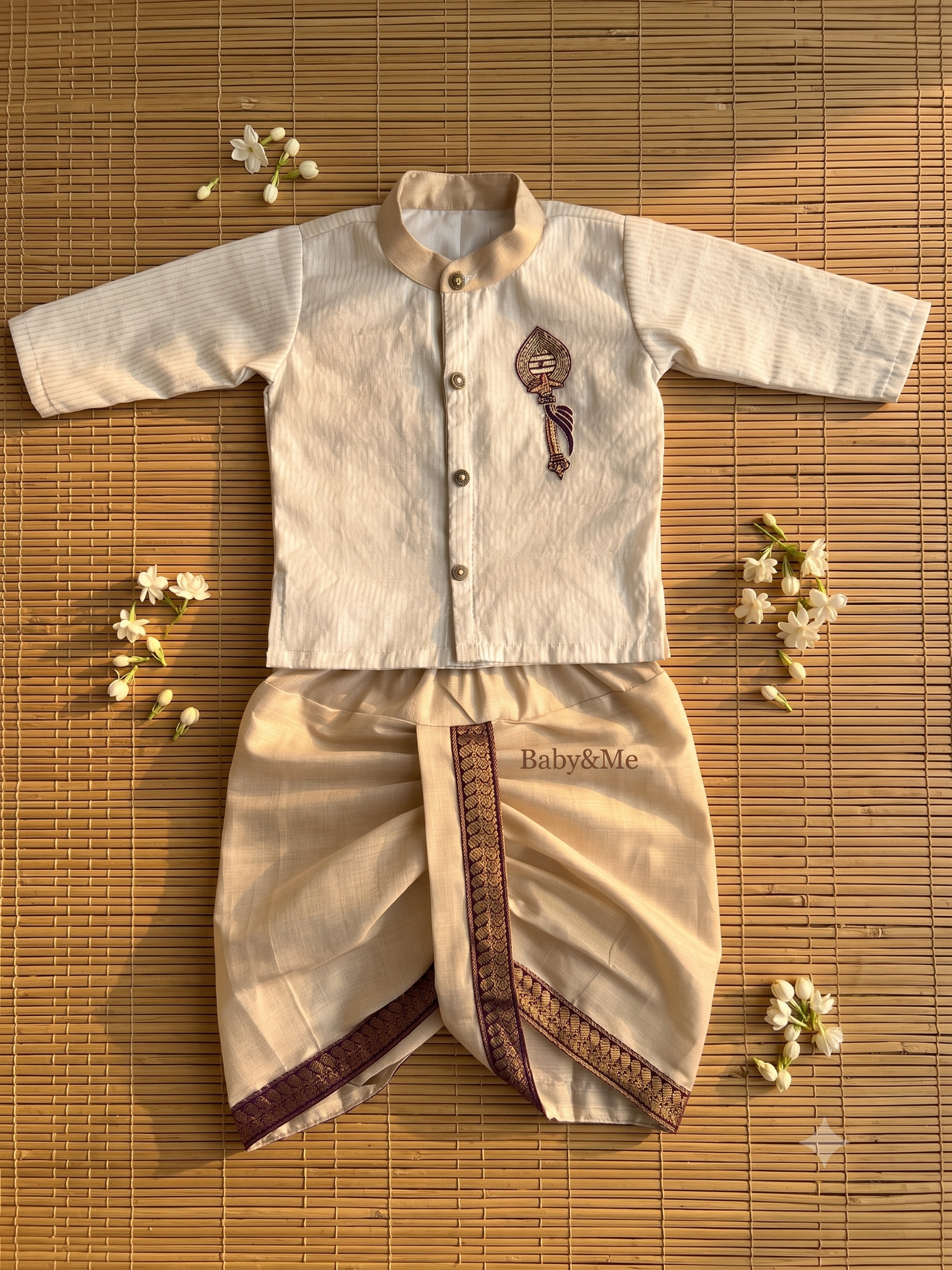 White and gold Muruga trishul embroidred Kurta and Reshme Beige and Dhoti for baby boy