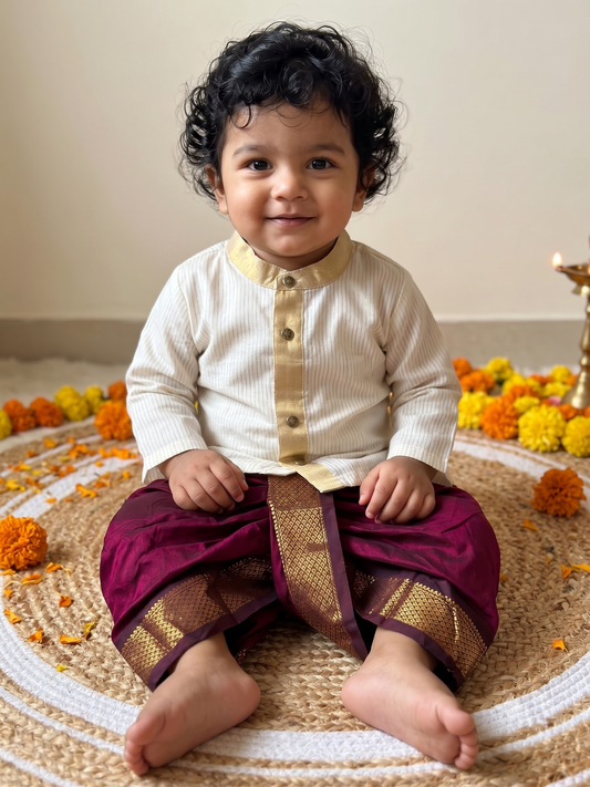 White with gold Kurta and maroon Dhoti for baby boy