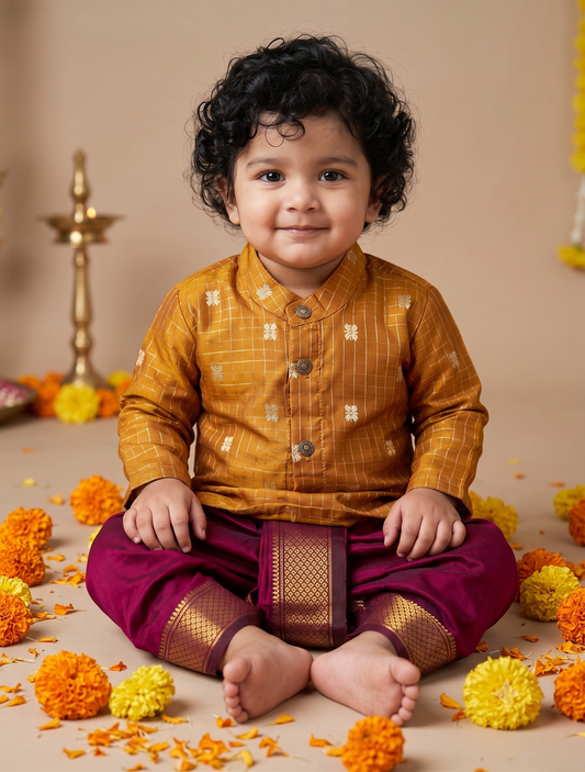 Gold with maroon reshme chowka Kurta Dhoti for baby boy - Festive Collection