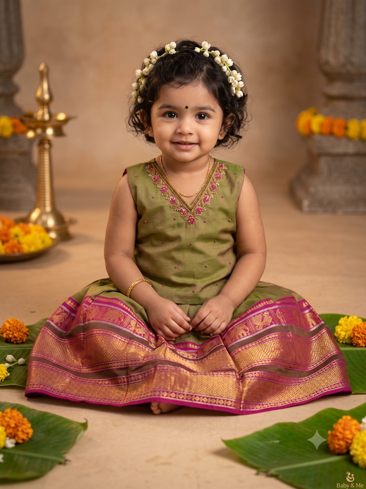Bhavani - Kanchi border green handloom cotton sleeveless heritage langa blouse for baby girl