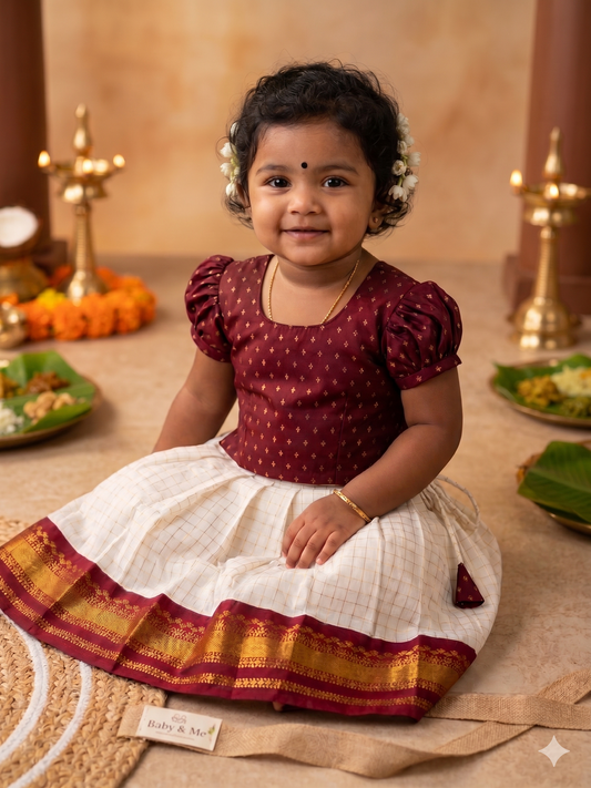 White checked and Maroon baby girl traditional langa blouse ethnic wear