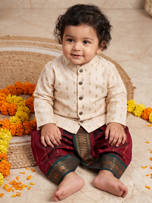 Peach banarasi cotton and red with bottle green Dhoti for Boys – Traditional Ethnic Wear for Baby Boy